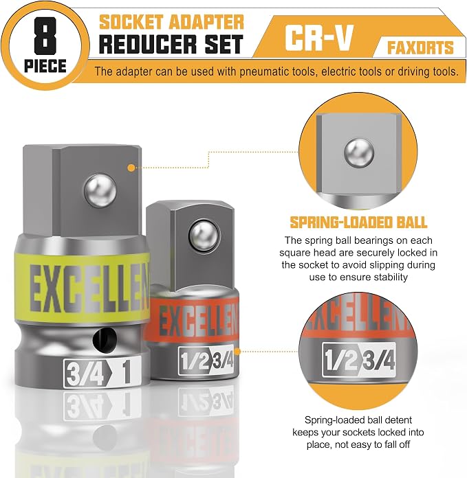 8 Piece Socket Adapter and Reducer Set, 1/4" 3/8" 1/2" 3/4" 1" Drive Impact - Image 3