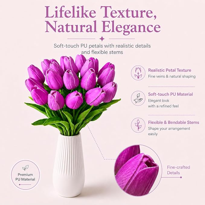 Mandy's 20pcs Artificial Lavender Tulips | 13.5 Inch Lifelike PU Tulips Faux - Image 2