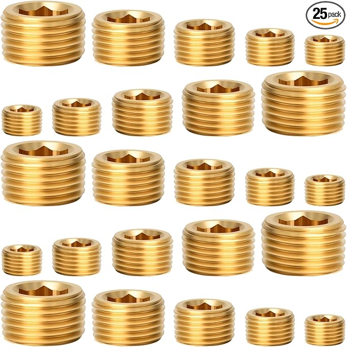 25 Pcs Brass Pipe Plug Fitting Assortment Kit, 5 Sizes 1/8" 1/4" 3/8" 1/2" 3/4" by KUANVE