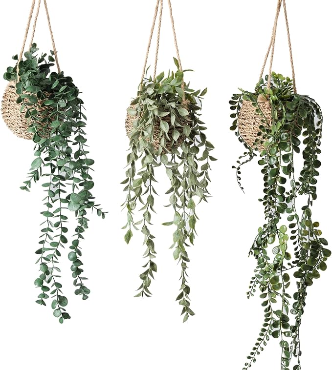 3 Pack Mini Artificial Hanging Greenary Fake Hanging Plants in Basket by Fuxdre