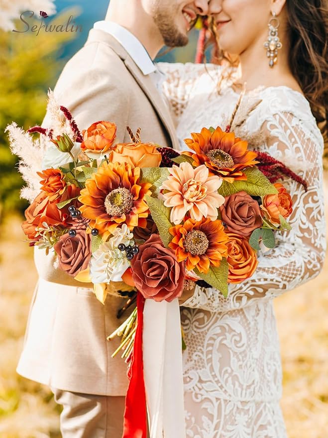 Serwalin Sunflower Artificial Flowers Burnt Orange Fall Flowers - Image 7