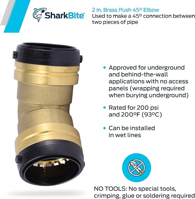 SharkBite 2 Inch 45 Degree Elbow, Push to Connect Brass Plumbing Fitting - Image 4