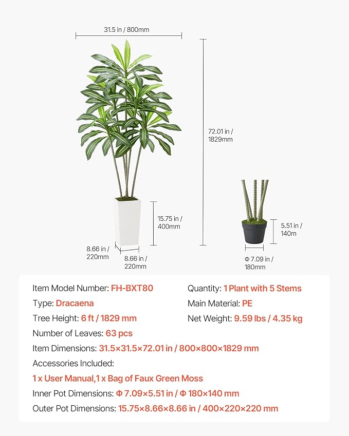 VEVOR Artificial Dracaena Tree 6 ft, Fake Palm Tropical Plants - Image 7