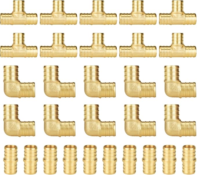 30-Pack 3/4 Inch PEX Fittings Kit, 10 Each Elbow Tee Coupling | Brass, Crimp by SUNGATOR