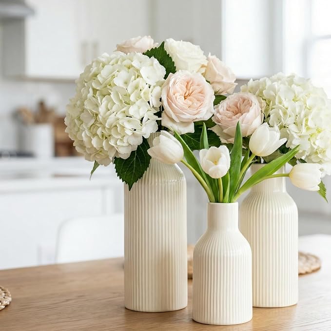 Beige Ceramic Flower Vases Set of 3, Modern Smooth Ribbed Texture, Nordic - Image 3