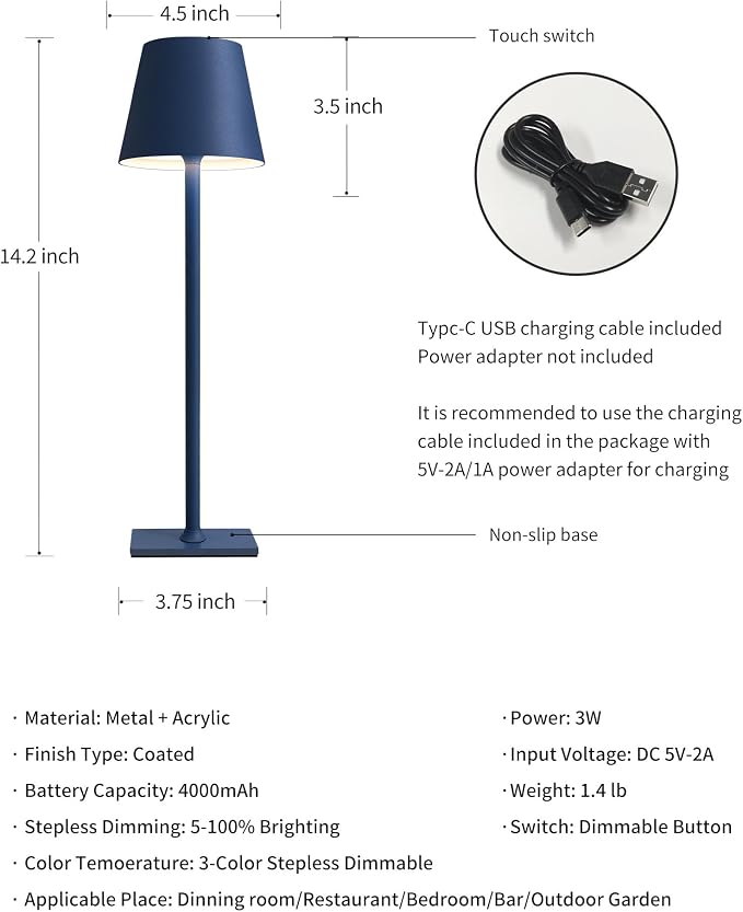 KDG 2 Pack Cordless Blue Table Lamps, Rechargeable Portable LED Desk Lamps | - Image 5