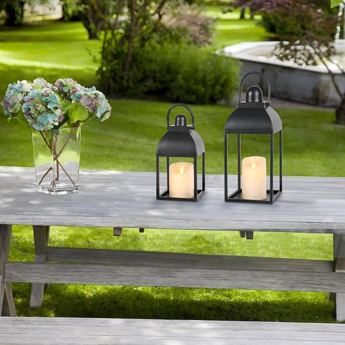 Lanterns Decorative Indoor 15" 11" Set of 2 Black Metal Lantern - Image 9
