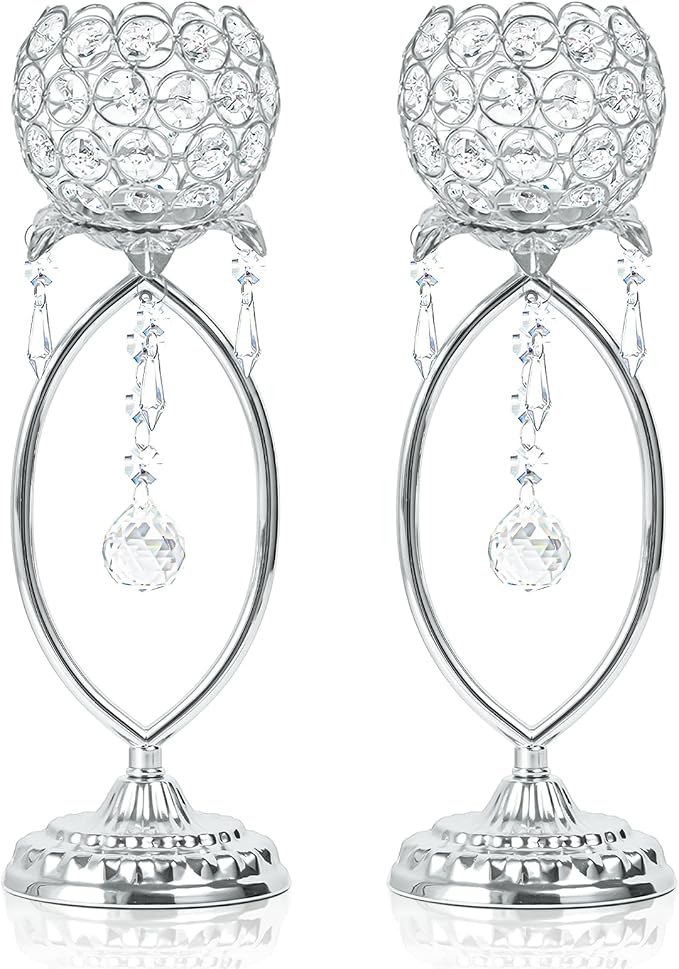 2 Pcs Silver Elegant Metal Crystal Tea Light Candle Holders by kehail