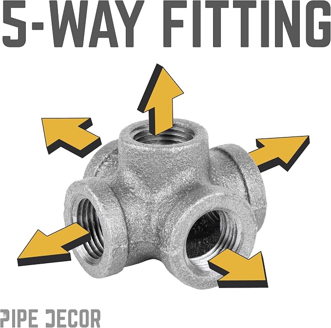 1/2" 5-way Cross Fitting, PIPE DECOR Black Malleable Iron Fittings Fit Standard - Image 4