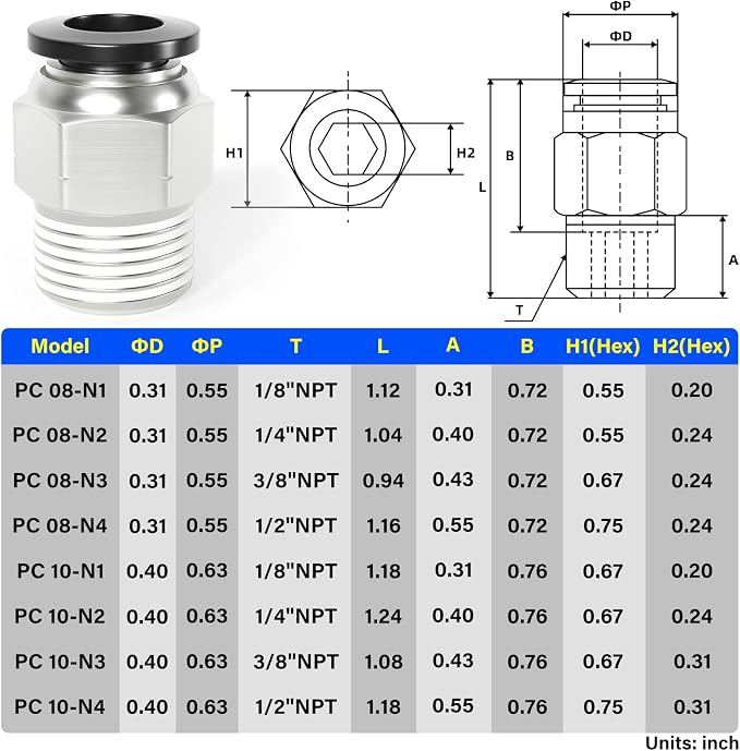 TAILONZ PNEUMATIC Male Straight 8mm Tube OD x 3/8 Inch NPT Thread Push to - Image 2