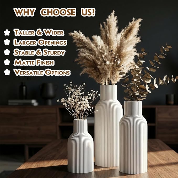 White Ceramic Flower Vase Set of 3 Matte Ribbed Waterproof | Waterproof interior - Image 6