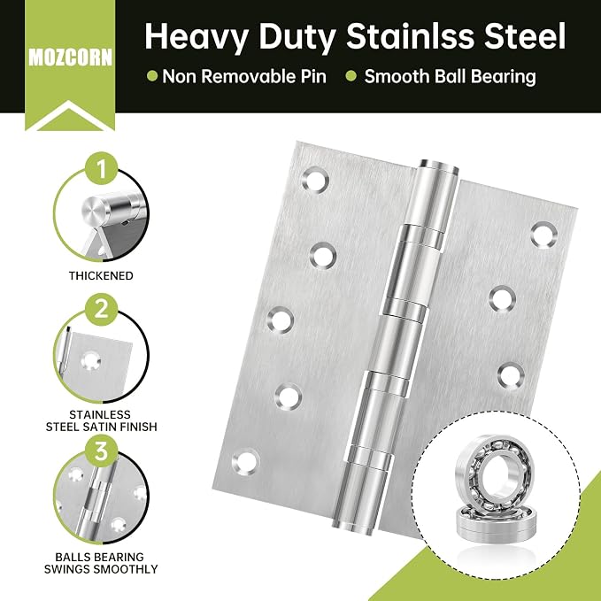 5" Ball Bearing Door Hinges 3 Pack, Heavy Duty Stainless Steel Hinge 5 x 4 Inch - Image 3