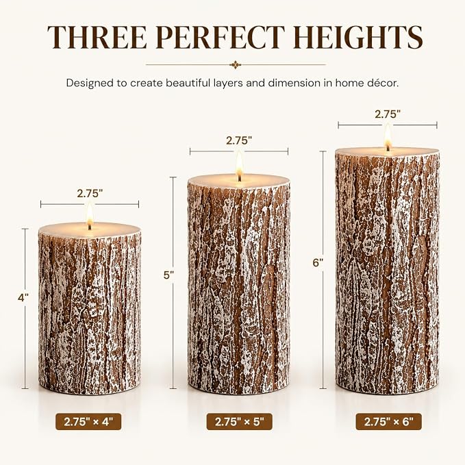 Rustic Pine Tree Pillar Candle Set of 3, Unscented Home Decor | Assorted Size - Image 2