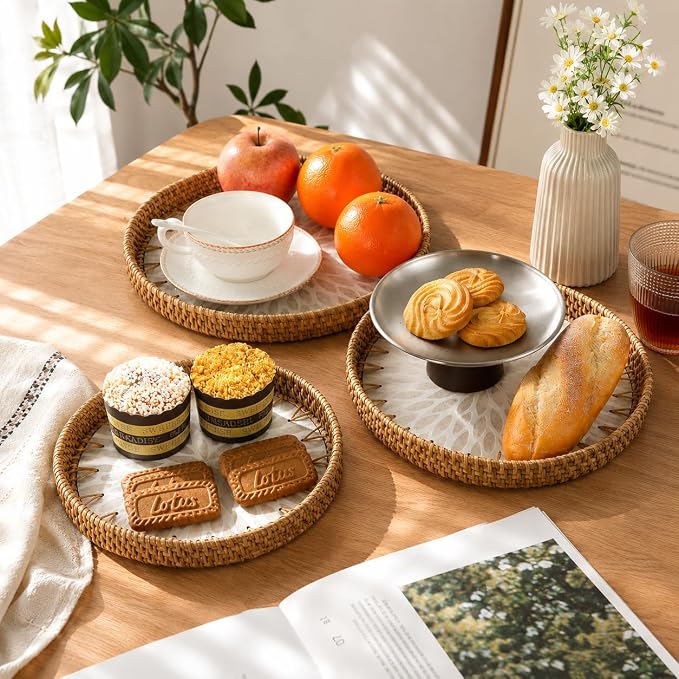 Round Rattan Serving Trays, Decorative Wicker Trays, Bread and Fruit Display - Image 2