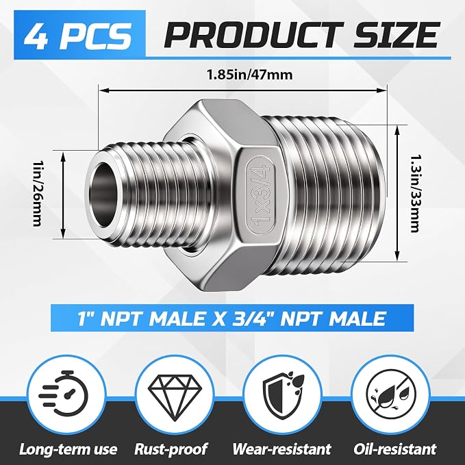 1" Mnpt to 3/4" Mnpt Male to Male 4 Pcs Hex Bushing Nipple Reducer, 316 - Image 2