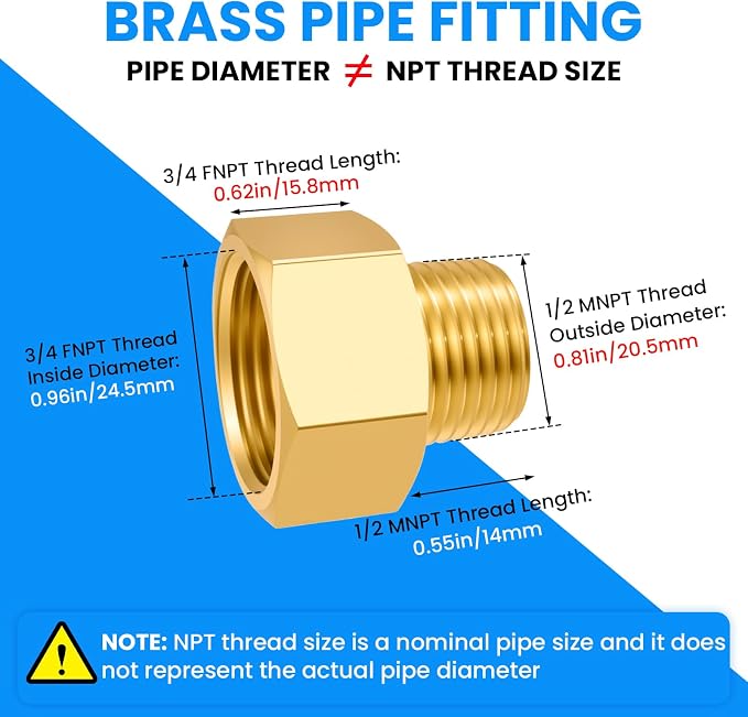 SDTC Tech Brass Pipe Fitting 1/2 NPT Thread Male to 3/4 NPT Thread Female | - Image 2