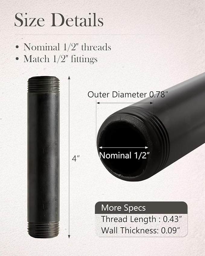 10 Pack 1/2 x 4 Inch Black Pipe Malleable Steel Nipples Fitting | DIY steampunk - Image 3