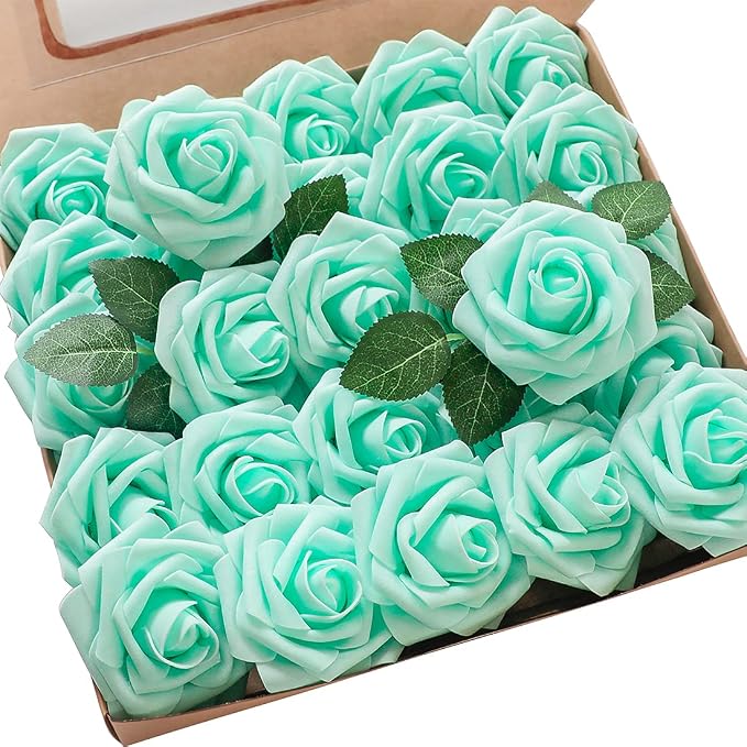 Artificial Flowers 25pcs Real Looking Robin's Egg Blue Foam Fake Roses by Floroom
