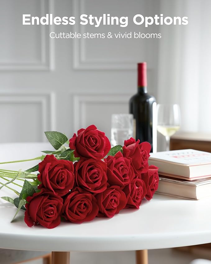 InnoGear Red Roses Artificial Flowers 50 Pcs Fake Velvet Silk Rose Floral | Bulk - Image 3