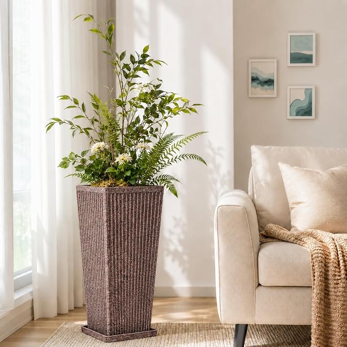 24" Tall Planters for Outdoor Plants Set of 2 Square Fluted, Tall Indoor Flower - Image 7
