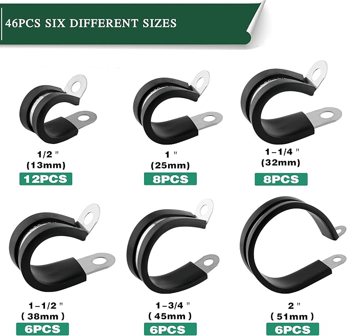 OURU 46PCS Cable Clamps Assortment Kit, Rubber Coated, 1/2"-2" 6 Sizes | 304 - Image 2