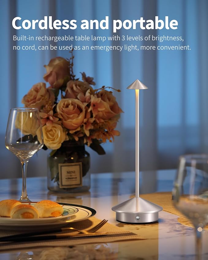 Modern Cordless Table Lamp Set of 2, Brushed Nickel LED Desk Lamps | 5000mAh - Image 2