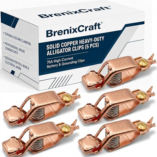 75A Heavy Duty Solid Copper Alligator Clips 5 Pack | BU-25C Clamps, Stainless by BrenixCraft