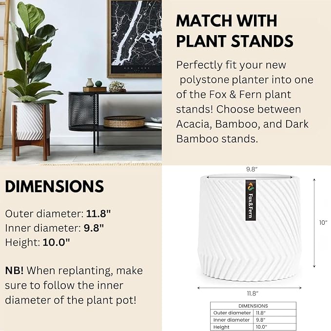 Fox & Fern Large Planter for Indoor or Outdoor, Matte White, 12 Inch | UV & - Image 5