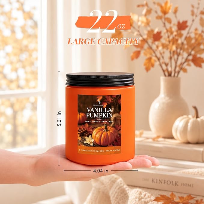 Large Fall Candle Vanilla Pumpkin Scented, 3-Wick 22oz Long Lasting | Soy Wax - Image 3