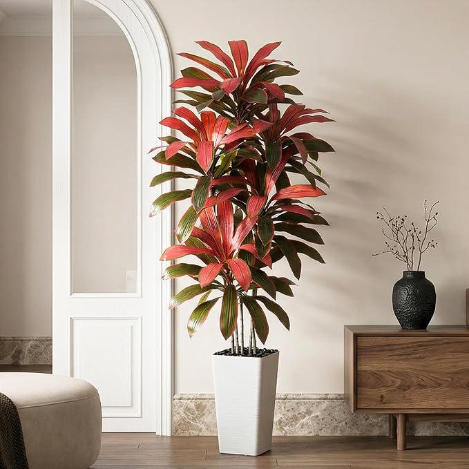 Artificial Dracaena Tree: 6FT Fake Plants Silk Faux Trees（White Pot） | - Image 7