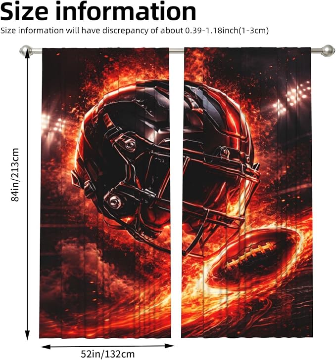 Football Helmet Fire Window Curtains 2 Panels Set, 52 X 84 Inch Polyester Drapes - Image 3