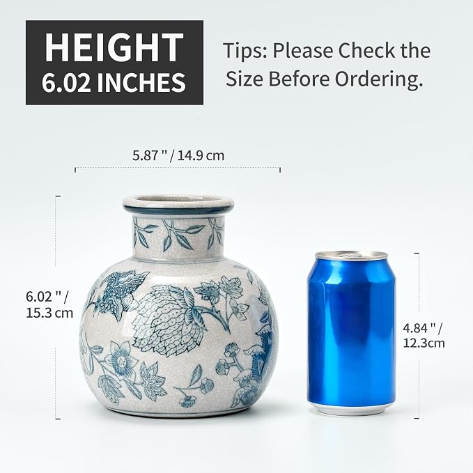 SIDUCAL Blue and White Vintage Vase | 6 Inch Ceramic Chinoiserie Floral | Retro - Image 3