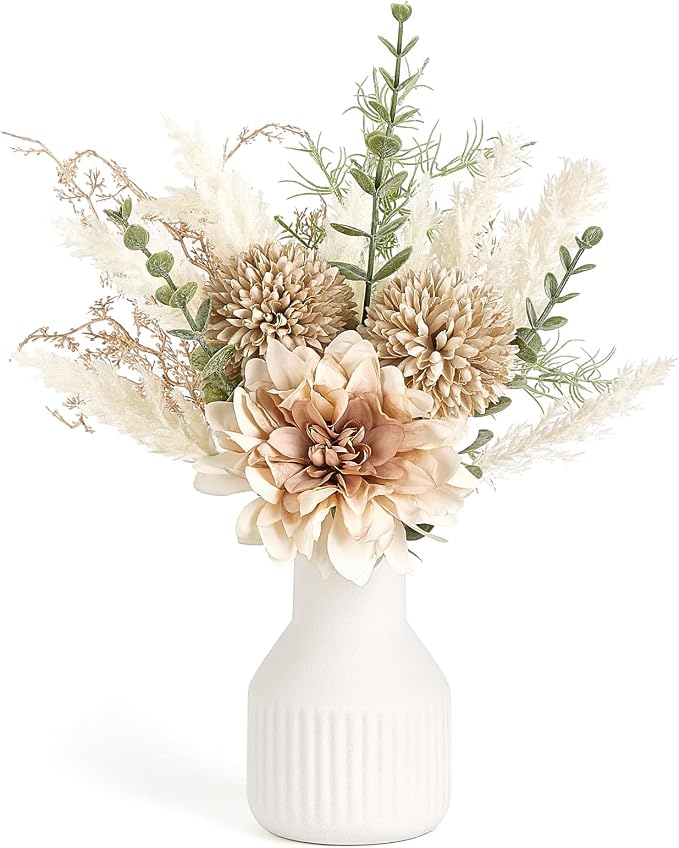 Mkono Fake Flowers in Ceramic Vase, 12.5" Coffee Table Centerpieces, Small Silk by Mkono