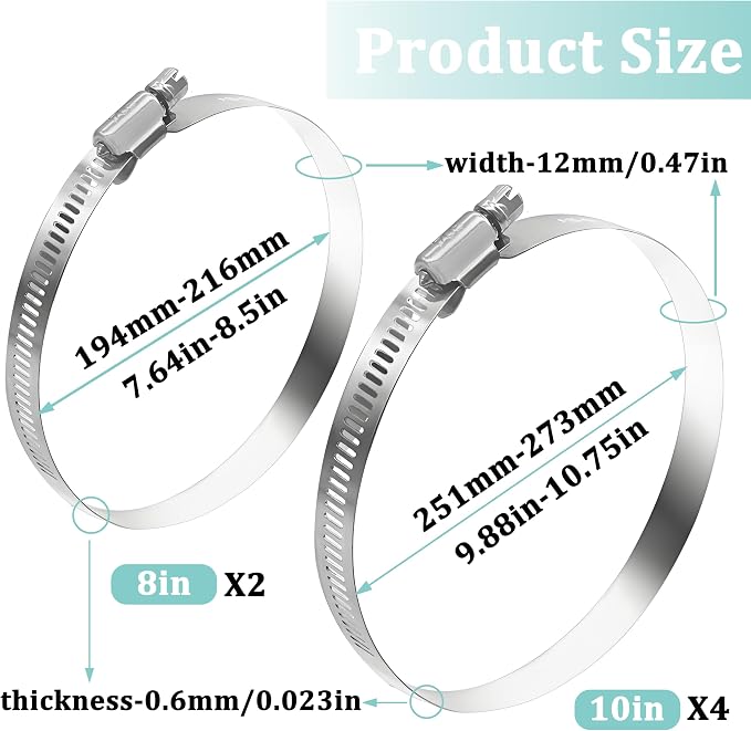 Dianrui 6PCS 10inch/ 8inch Hose Clamps Stainless Steel 304 Duct Clamps Dry Vent - Image 2