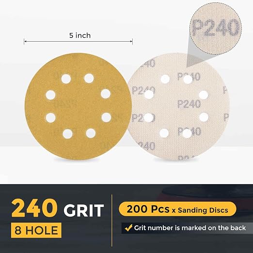 HARFINGTON 200Pcs 5Inch Sanding Discs 240Grit Yellow Aluminum Oxide 8 Hole | - Image 2