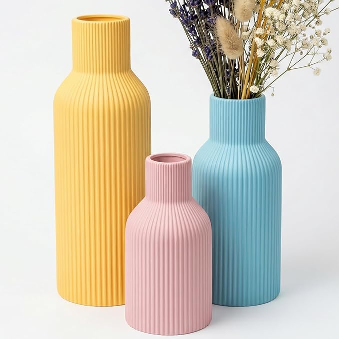 Colorful Ceramic Vases Set of 3, Matte Round Vertical Ribbed, Minimalist by TrendEcoHome