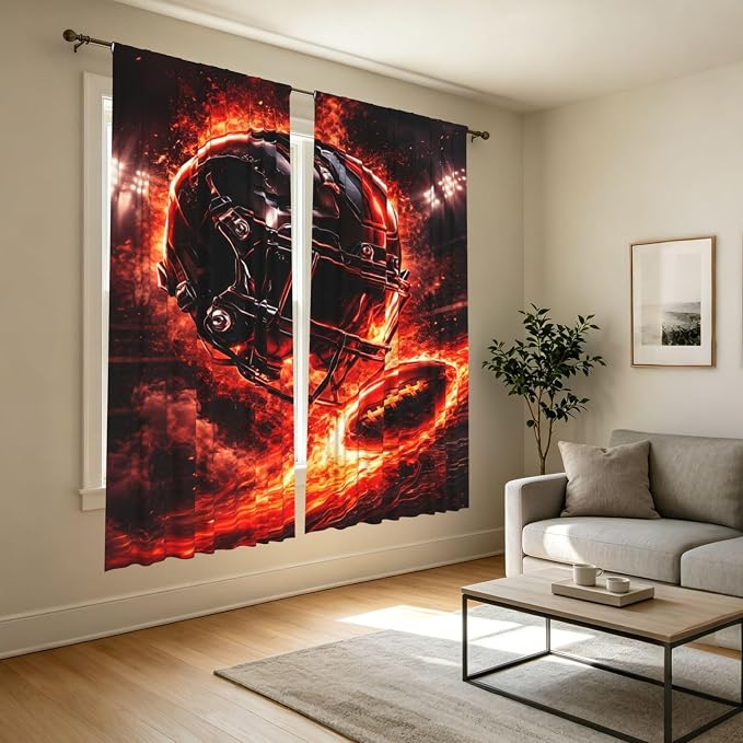 Football Helmet Fire Window Curtains 2 Panels Set, 52 X 84 Inch Polyester Drapes - Image 7