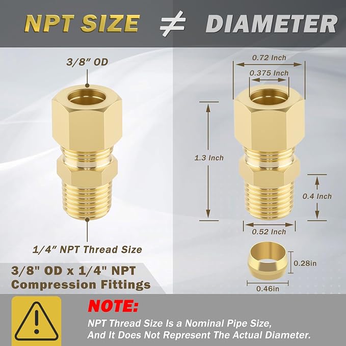 3/8" OD x 1/4" NPT Male Brass Compression Union Fitting, 10 Pack Straight Tube - Image 2