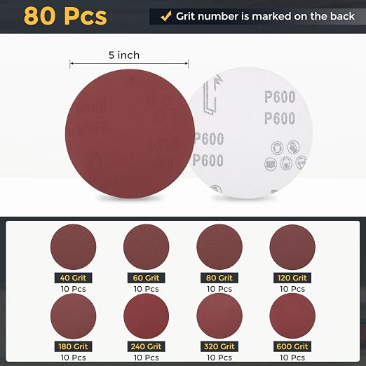 HARFINGTON 80Pcs 5Inch Sanding Disc Hook & Loop Sandpaper Aluminum Oxide | - Image 2