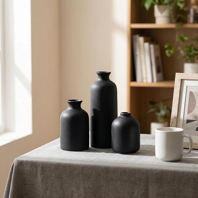 Small Black Ceramic Vase Set of 3, Modern Boho Farmhouse Flowers Vases | - Image 7