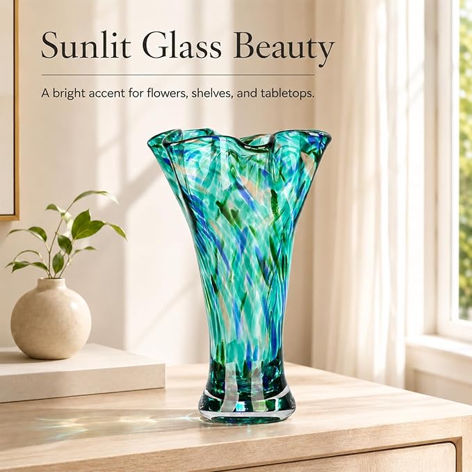 LCCCK 9.0" H Teal Glass Vases for Flower, Unique Hand Blown Glass Vase | Wide - Image 3