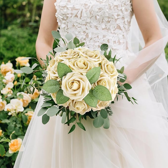 AmyHomie Beige Rose 25pcs Real Looking Artificial Flowers w/Stem | Bouquet - Image 2
