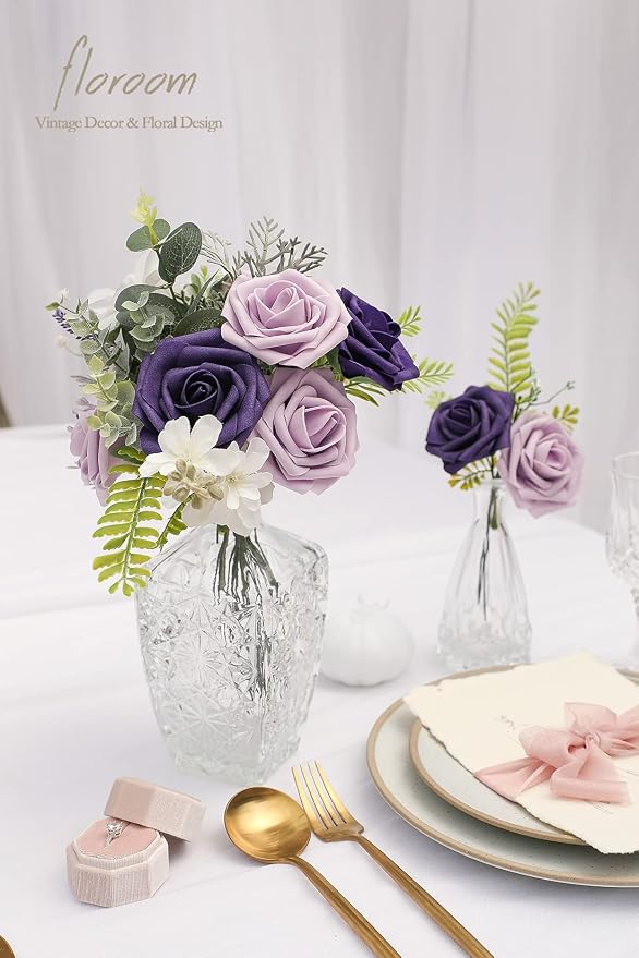 Artificial Flowers 25pcs Real Looking Lilac & Purple Foam Fake Roses - Image 2