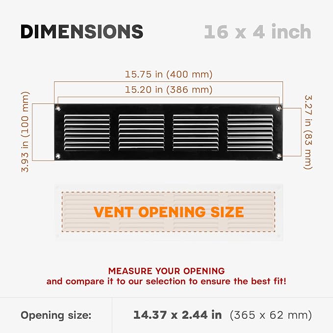 16 x 4 Inch Black Galvanized Steel Return Air Register Vent Cover, AC Vent Cover - Image 2