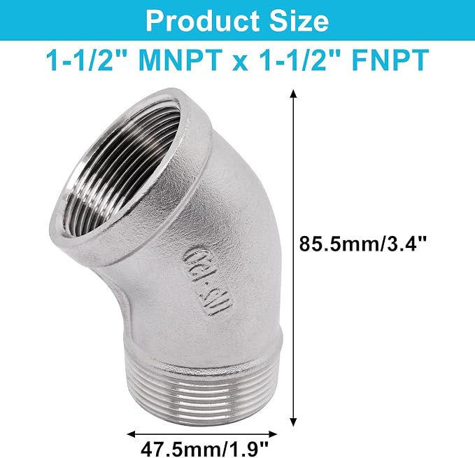 1PCS 45 Degree Elbow Fittings, 1-1/2" NPT Male to 1-1/2" NPT Female 304 - Image 2