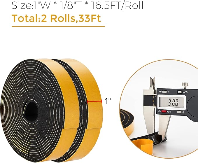 Ravinte Weather Stripping Door Seal, 1 x 1/8" Adhesive Foam Tape, 33 FT | - Image 3