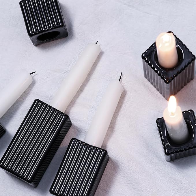 LETINE 12pcs Black Vertical Stripe Glass Candlestick Holders - Image 3