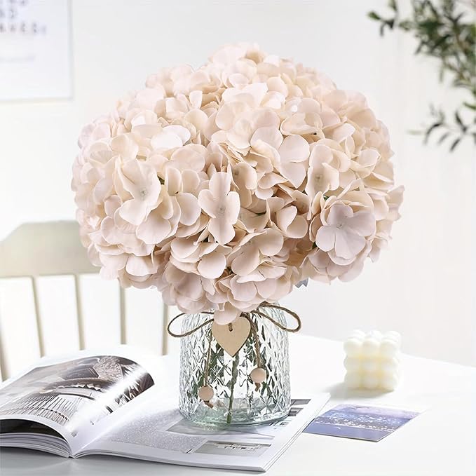 AVIVIHO 65pcs Fake Flowers Beige Hydrangea Artificial Flowers Bulk Silk Flowers - Image 2