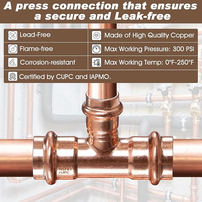 Copper Press Fitting 3/4"x3/4"x1/2"Copper Press Tee Fit Tee - Image 3