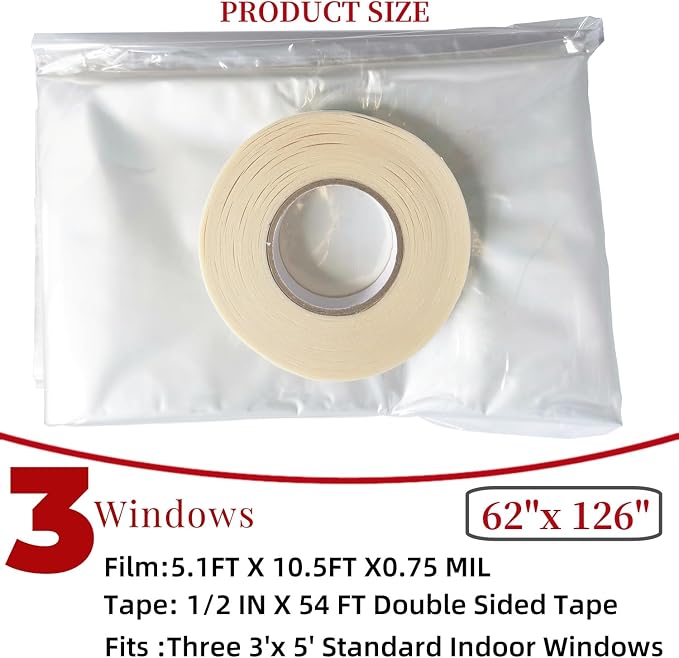 3-Window Shrink Film Window Insulation kit（62-Inch x 126-Inch） | Insulating - Image 4